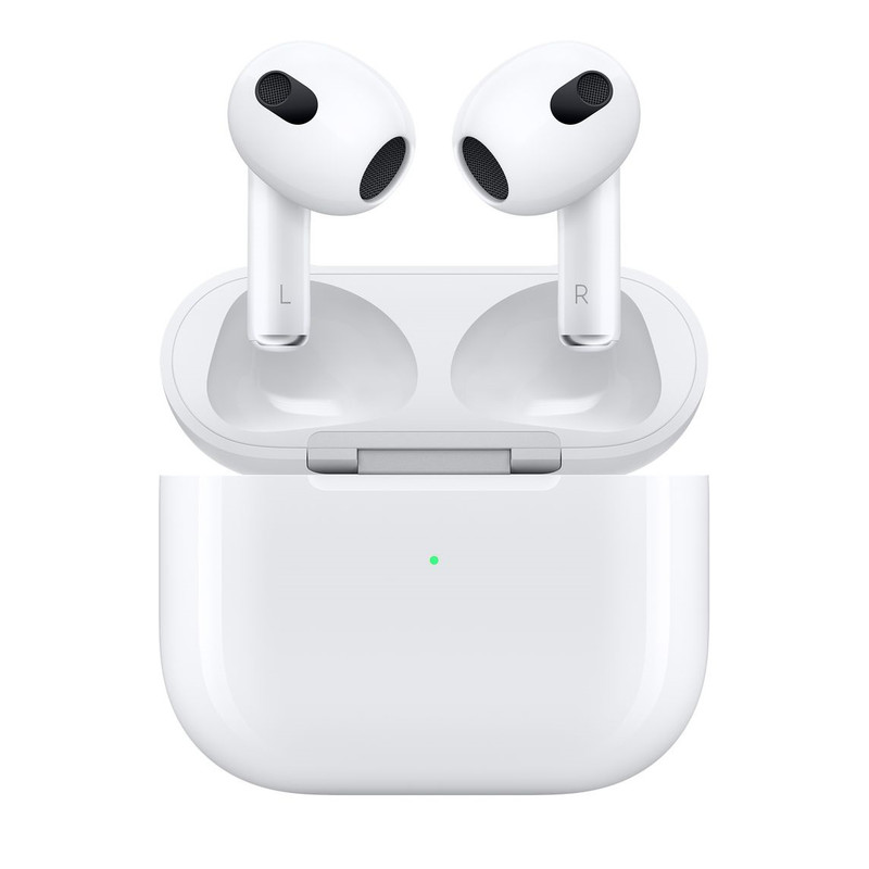 هدفون بلوتوثی اپل مدل AirPods 3 با نویز کنسلینگ میکروفون (ENC)، درگاه شارژ لایتنینگ، دارای سنسور تشخیص پوست و پشتیبانی از فرمان لمسی، مقاوم در برابر رطوبت و عرق