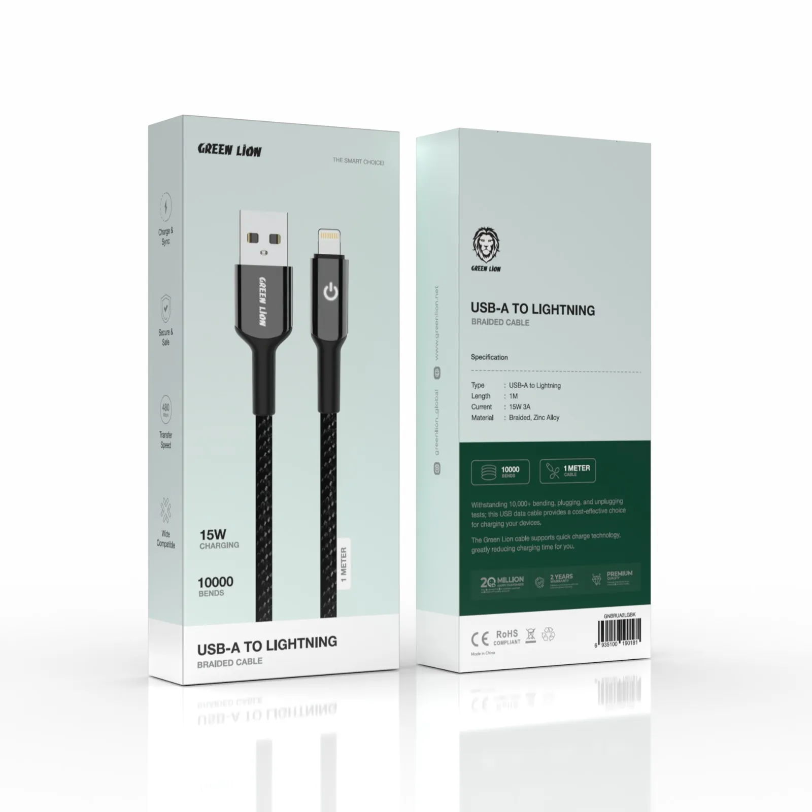 کابل تبدیل باﻓﺘﻪ ﺷﺪە USB-A به Lightning گرین لاین 1m