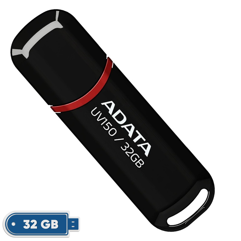 فلش مموری ای دیتا مدل UV150 ظرفیت 32 گیگابایت با رابط USB 3.2 Gen1، سرعت خواندن 90 مگابایت بر ثانیه، سرعت نوشتن 40 مگابایت بر ثانیه، طراحی درپوشدار و سازگار با ویندوز، مک و لینوکس