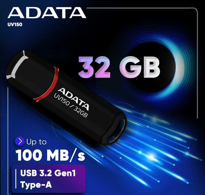 فلش مموری ای دیتا مدل UV150 ظرفیت 32 گیگابایت با رابط USB 3.2 Gen1، سرعت خواندن 90 مگابایت بر ثانیه، سرعت نوشتن 40 مگابایت بر ثانیه، طراحی درپوشدار و سازگار با ویندوز، مک و لینوکس