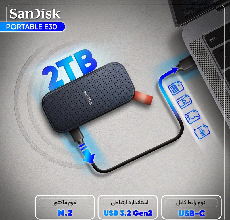 اس اس دی اکسترنال سن دیسک مدل PORTABLE E30 ظرفیت 2 ترابایت رابط USB 3.2 Gen2