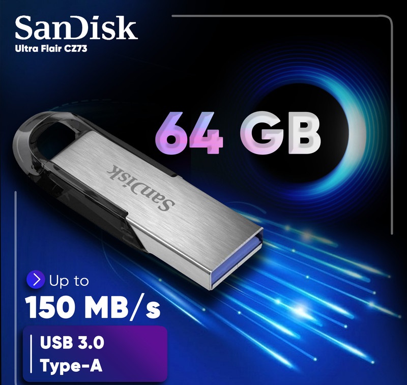 فلش مموری سن دیسک Ultra Flair CZ73 ظرفیت 64 گیگابایت با رابط USB 3.0 و بدنه فلزی مقاوم، سرعت انتقال 150 مگابایت بر ثانیه و سازگار با انواع سیستمعاملها و دستگاهها