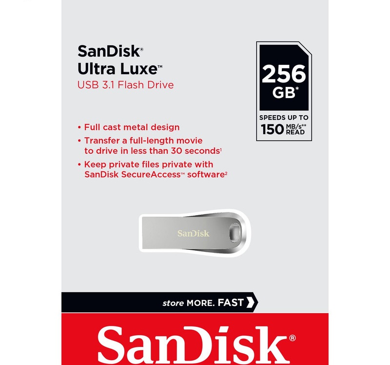 فلش مموری سن دیسک مدل Ultra Luxe ظرفیت 256 گیگابایت، رابط USB 3.1، سرعت خواندن 150 مگابایت بر ثانیه، بدنه فلزی مقاوم، پشتیبانی از نرمافزار کدگذاری اطلاعات