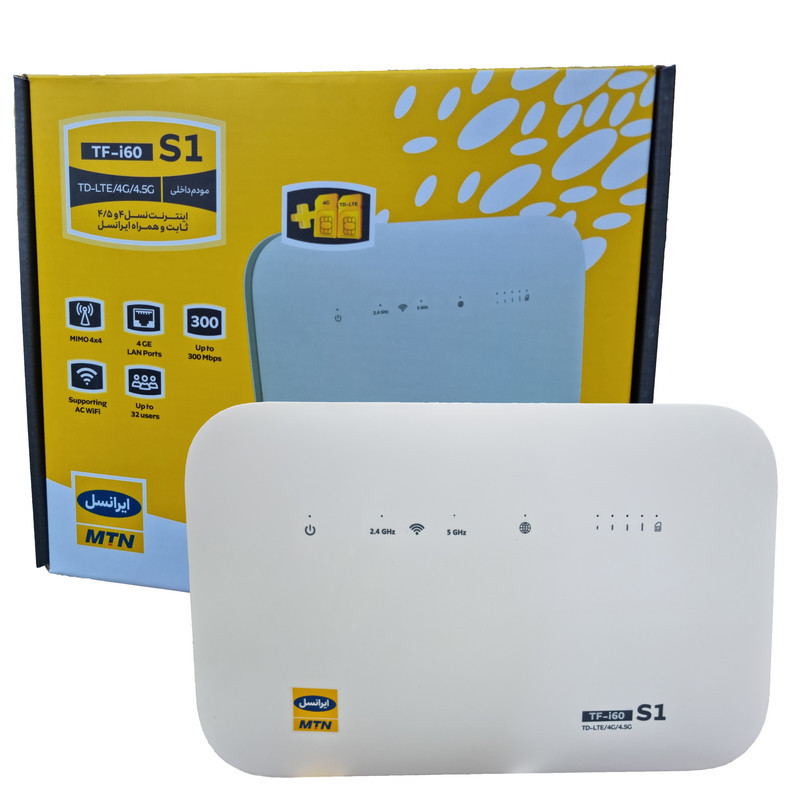 مودم 4G TD-LTE ایرانسل مدل TF-i60 S1 با سیم کارت و 300 گیگابایت اینترنت 6 ماهه، پشتیبانی همزمان 32 کاربر، 4 پورت LAN، چهار شبکه بیسیم مستقل، سرعت دانلود 300 مگابیت بر ثانیه و آنتن 5dBi