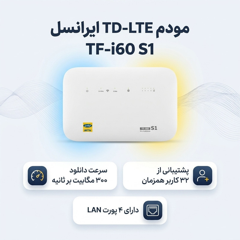 مودم 4G TD-LTE ایرانسل مدل TF-i60 S1 با سیم کارت و 300 گیگابایت اینترنت 6 ماهه، پشتیبانی همزمان 32 کاربر، 4 پورت LAN، چهار شبکه بیسیم مستقل، سرعت دانلود 300 مگابیت بر ثانیه و آنتن 5dBi