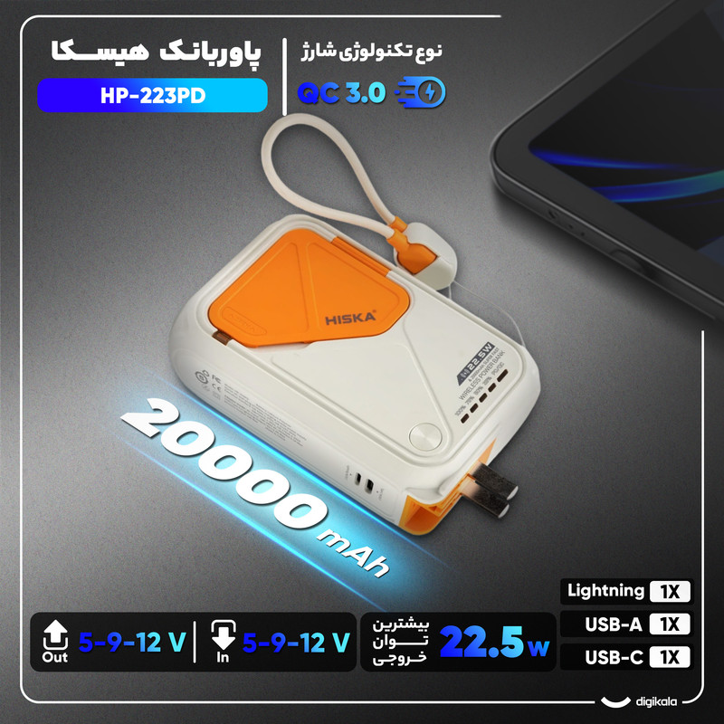 پاوربانک بیسیم 22.5 وات هیسکا مدل HP-223PD ظرفیت 20000 میلی آمپر ساعت
