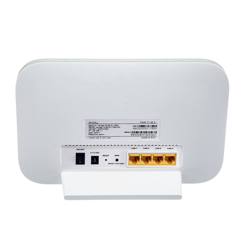 مودم 4G/TD-LTE خانگی ایرانسل مدل TF-i60 S1 با پشتیبانی همزمان 32 کاربر، 4 شبکه بیسیم مستقل، 4 پورت LAN، آنتن 5dBi و سیمکارت 300 گیگابایت اینترنت 6 ماهه